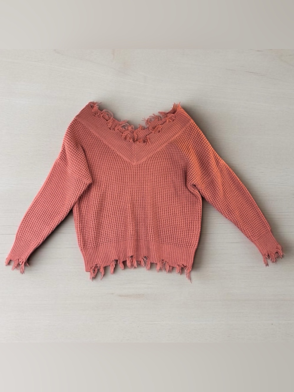 Zenana Outfitters Coral Distressed V-Neck Waffle Knit Sweater